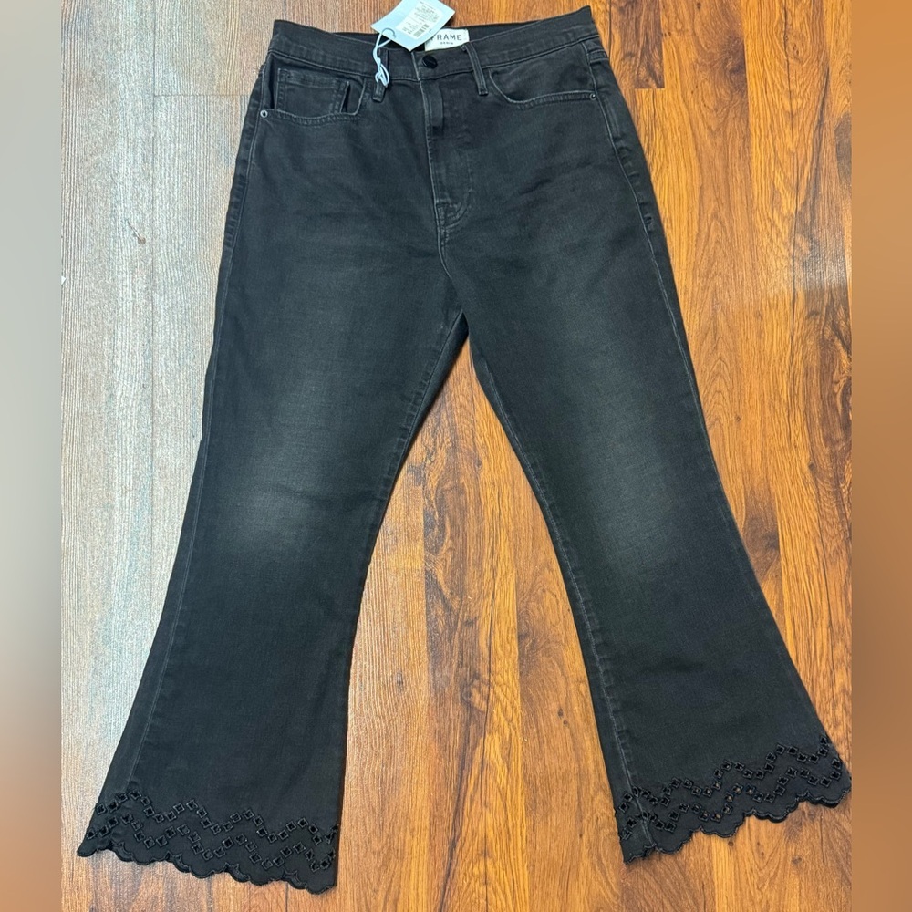 FRAME Black Eyelet Hem Cropped Flare Jeans Lacey Size 29